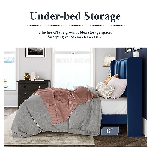 Allewie Queen Size Velvet Bed Frame/Vertical Channel Tufted Wingback Headboard/Upholstered Platform Bed/Strong Wooden Slats/No Box Spring Needed/Easy Assembly/Black - Image 17