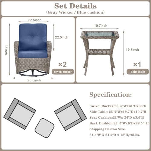 Patio Wicker Chairs Swivel Rocker – Outdoor Swivel Rocking Chairs Set of 2 with Rattan Side Table, Patio Swivel Glider Chair 3 Piece Patio Furniture Sets for Deck Porch Pool Brown/Blue - Image 63
