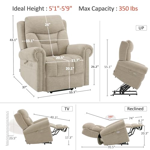MCombo Triple Motor Power Lift Recliner Chair with Massage and Lumbar&seat Heating, Rolled Arms, Adjustable Headrest for Elderly People, Fabric 7888 (Coffee, Medium) - Image 4