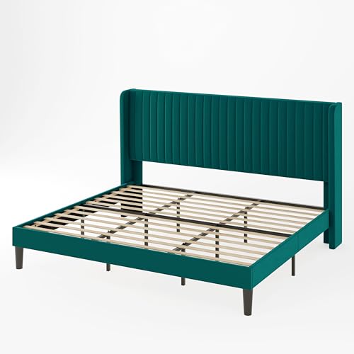 Allewie Queen Size Velvet Bed Frame/Vertical Channel Tufted Wingback Headboard/Upholstered Platform Bed/Strong Wooden Slats/No Box Spring Needed/Easy Assembly/Black - Image 28