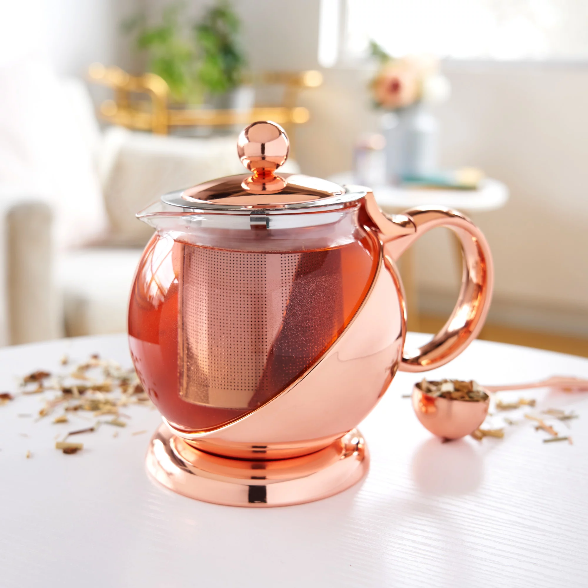 Pinky Up Rose Gold Wrapped Teapot – Tea Clear Glass Pot with Infuser Strainer and Tea Kettle for Loose Tea, 24 Oz - Image 4