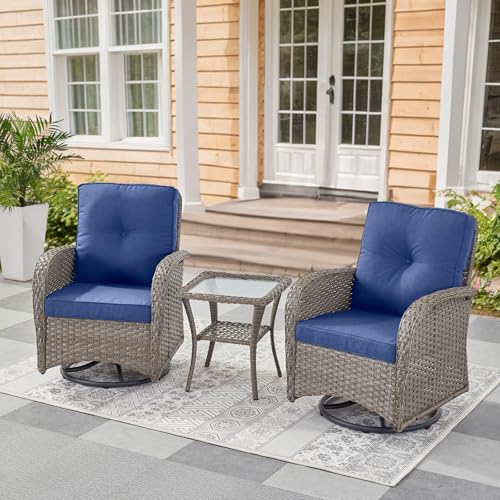 Patio Wicker Chairs Swivel Rocker – Outdoor Swivel Rocking Chairs Set of 2 with Rattan Side Table, Patio Swivel Glider Chair 3 Piece Patio Furniture Sets for Deck Porch Pool Brown/Blue - Image 62