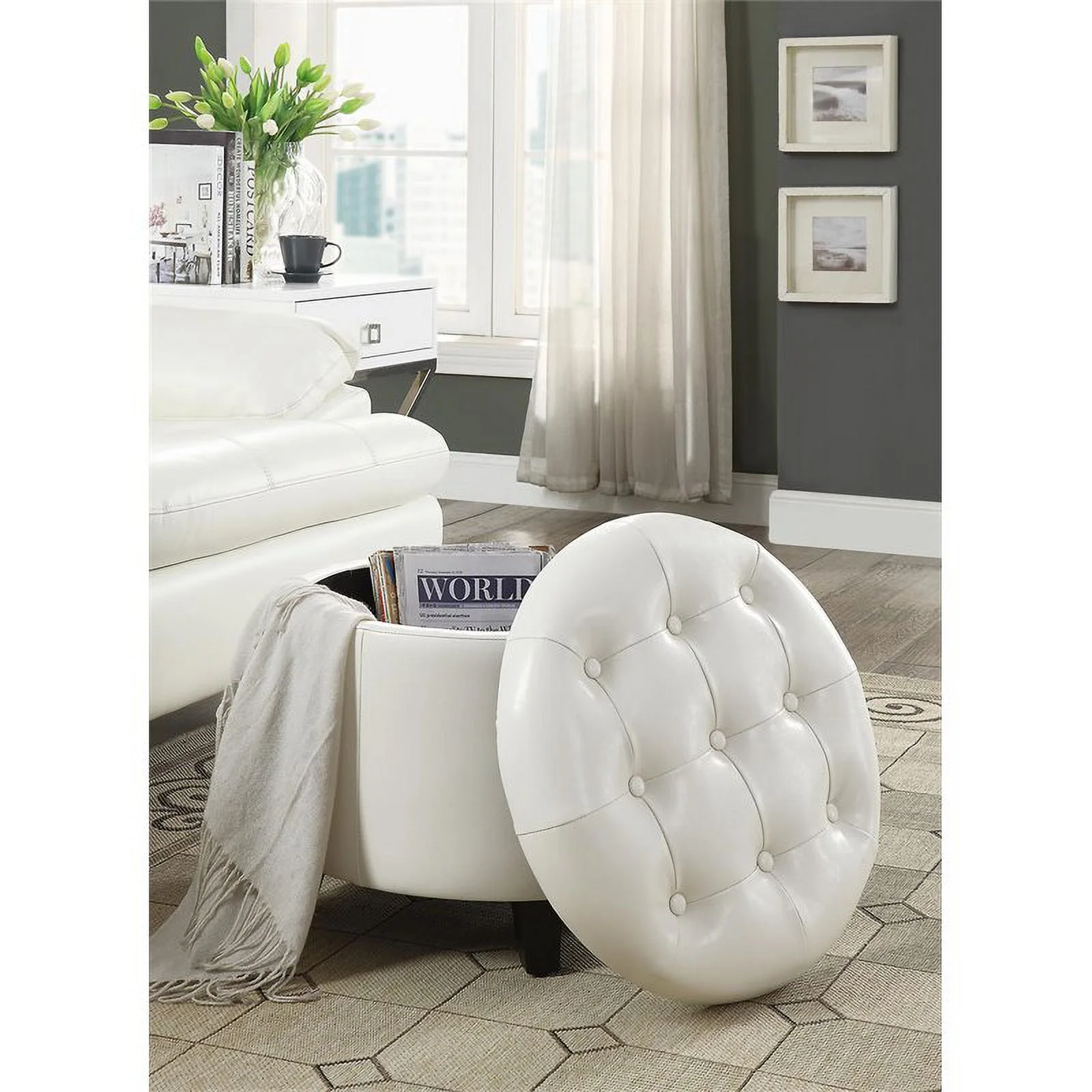 Pemberly Row Modern Round Ottoman in Ivory Faux Leather Fabric - Image 2